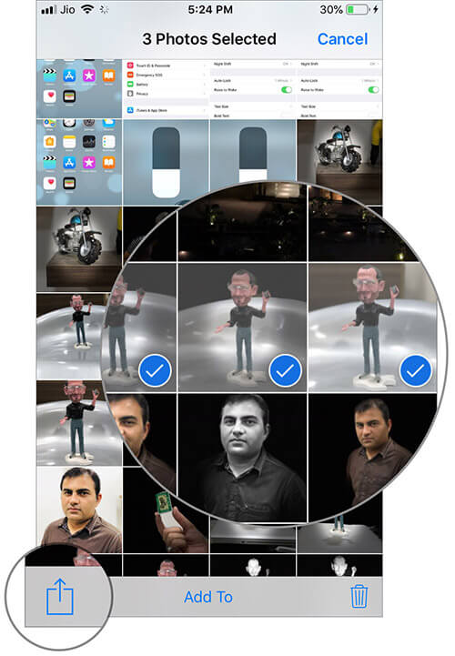 Select Photos then tap on Share button in iOS 12 Photos app