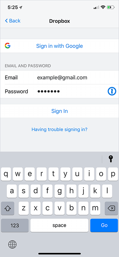 Sign into DropBox on iPhone or iPad