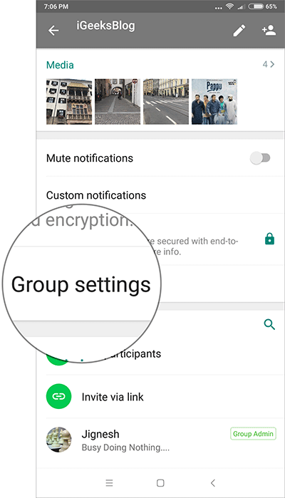 Tap on Group Settings in WhatsApp on Android Phone
