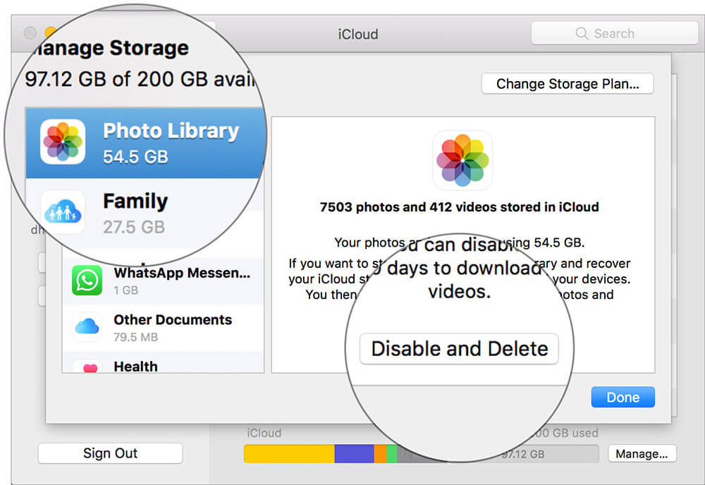 Choose Photo Library then Click Disable and delete in Mac iCloud Settings