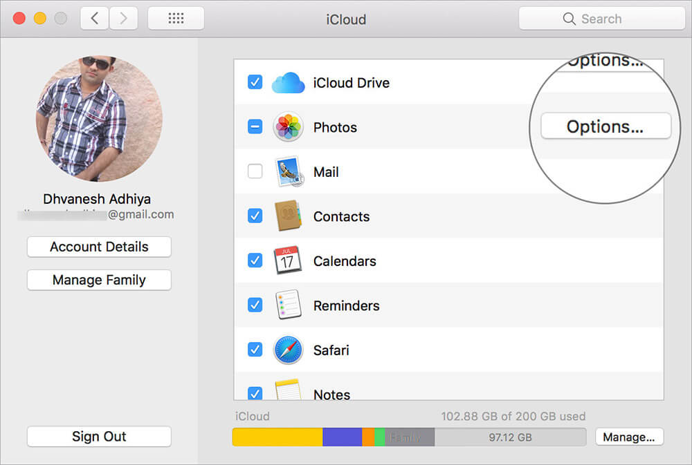 Click Options next to Photos in Mac iCloud Settings