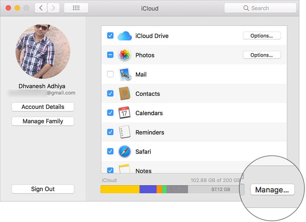 Click on Manage in Mac iCloud Settings