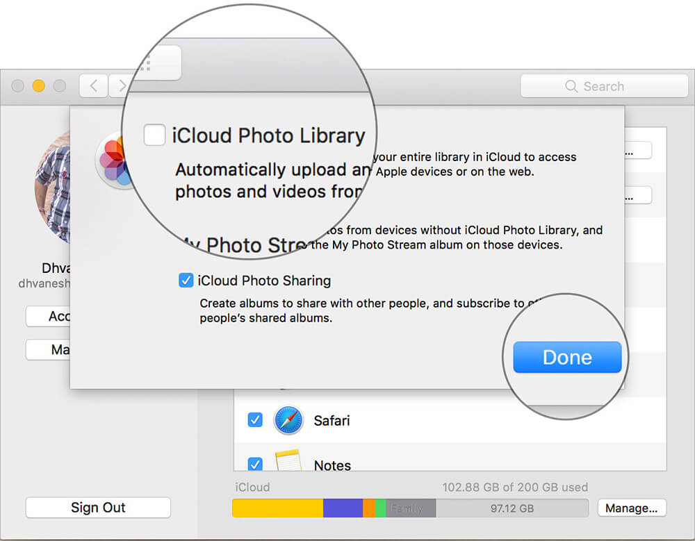 Deselect iCloud Photo Library and click Done on Mac iCloud Settings