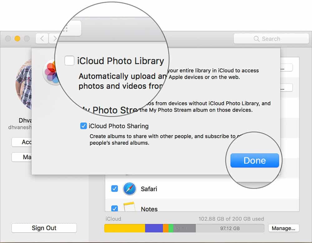 Deselect icloud photo library and click done on mac icloud settings Deselect iCloud Photo Library and click Done on Mac iCloud Settings