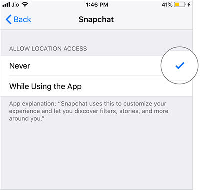 Select Never to Stop Snapchat from Accessing Your Location on iPhone