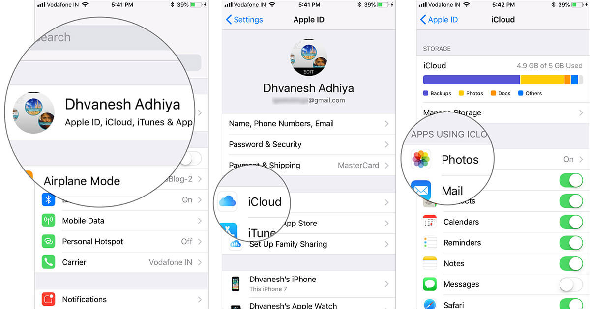 Tap on apple id banner then tap on icloud and select photos on iphone Tap on Apple ID banner then tap on iCloud and Select Photos on iPhone
