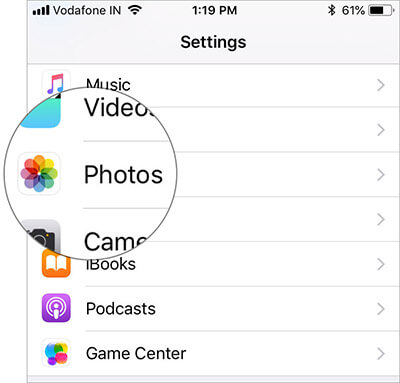Tap on Photos in iPhone Settings