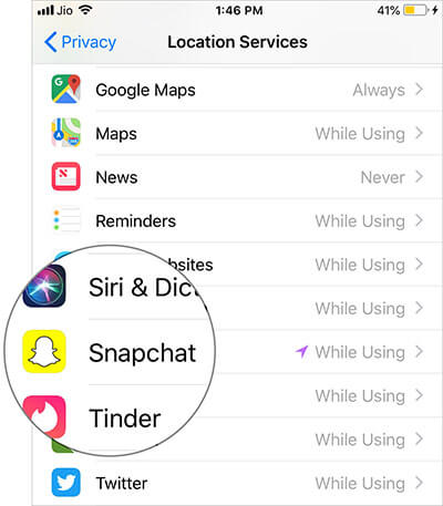 Tap on Snapchat in iPhone Location Services