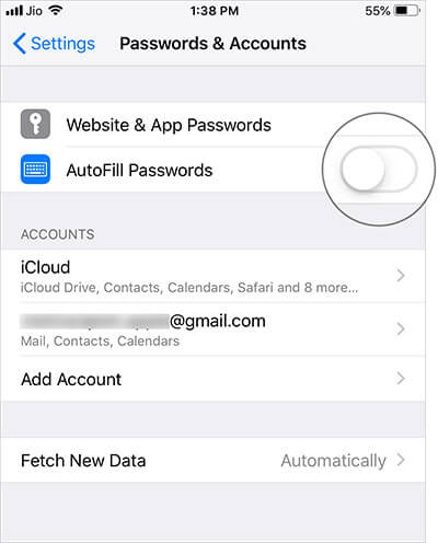 Turn off the switch next to AutoFill Passwords in iPhone Settings