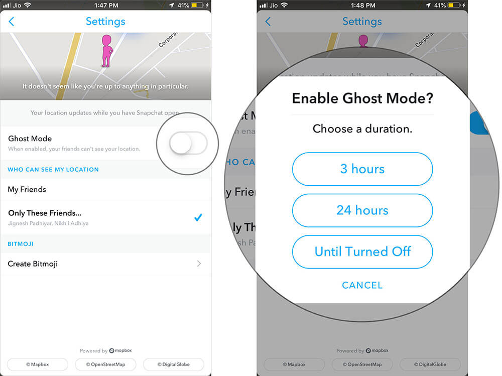 Turn on Switch Next to Ghost mode and select how long you want to keep Snap Map disabled