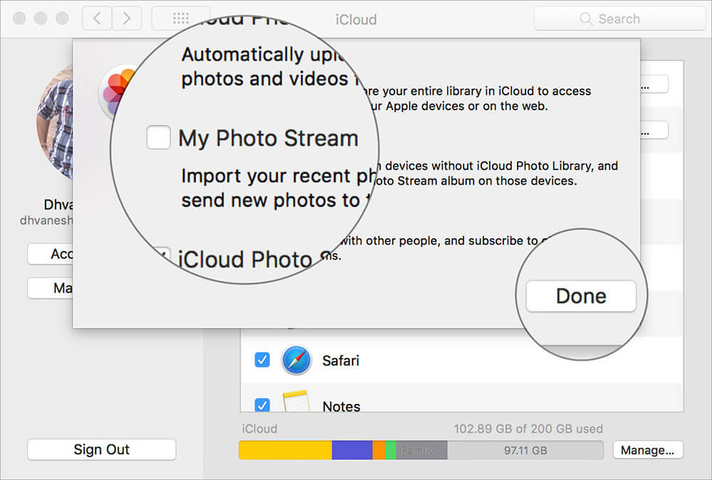 Uncheck box next to My Photo Stream then click Done in Mac iCloud Settings