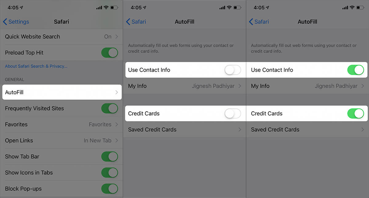 Enable Contact Information and Credit Cards for Safari Autofill on iPhone X