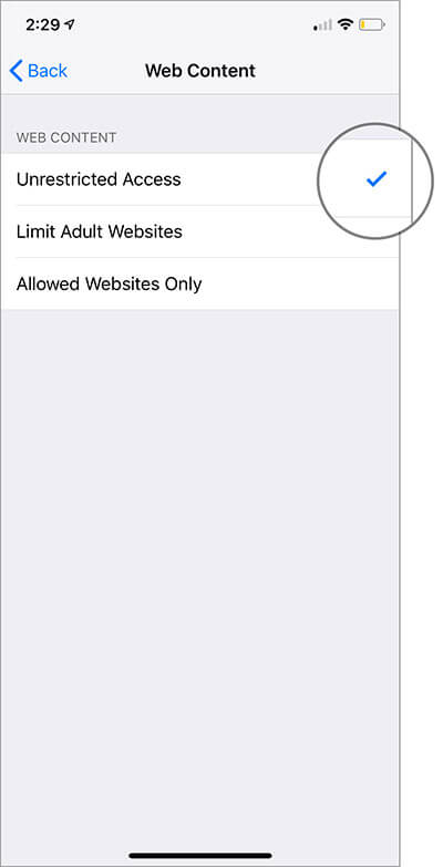 Select Unrestricted Access in iOS 12