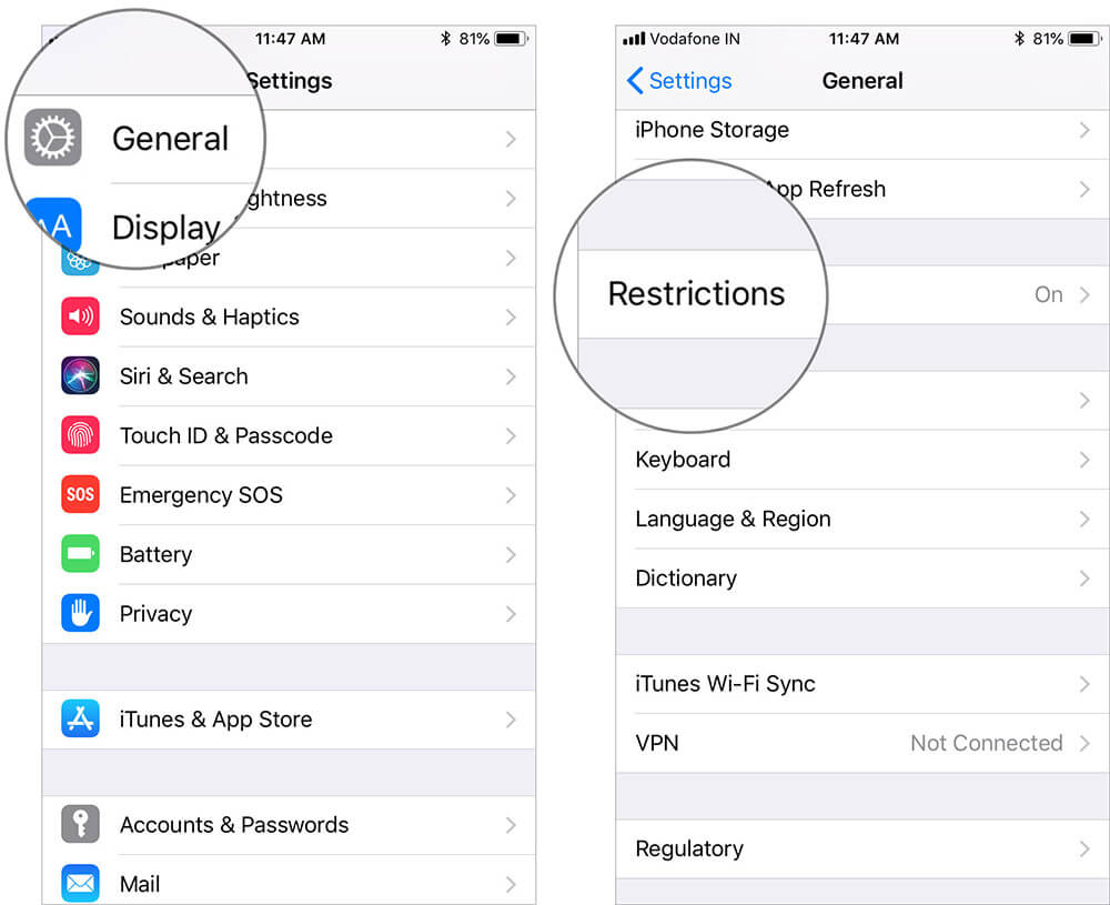 Tap on General and Select Restrictions in iOS 11 Settings