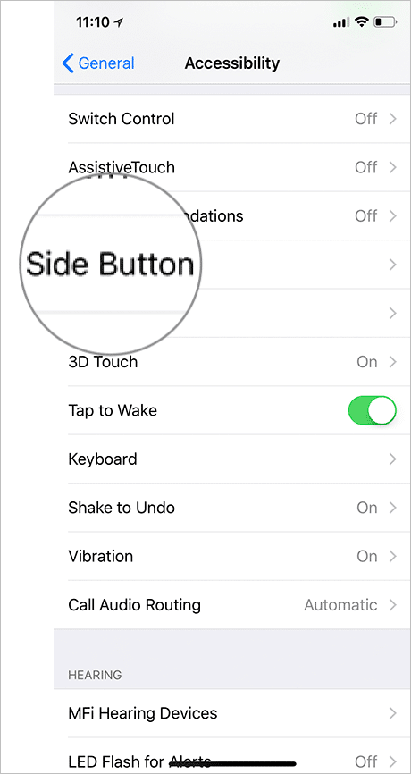 Tap on Side Button in iPhone X Accessibility Settings