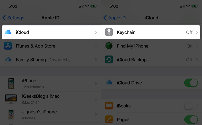 Tap on iCloud then Keychain in iPhone X Settings