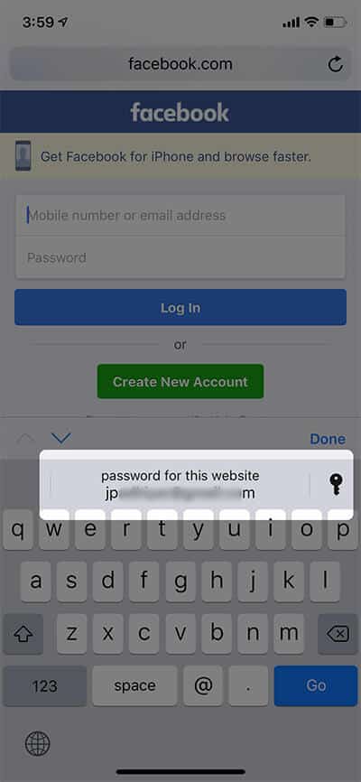 Tap on username or password Autofill in iPhone Keyboard above