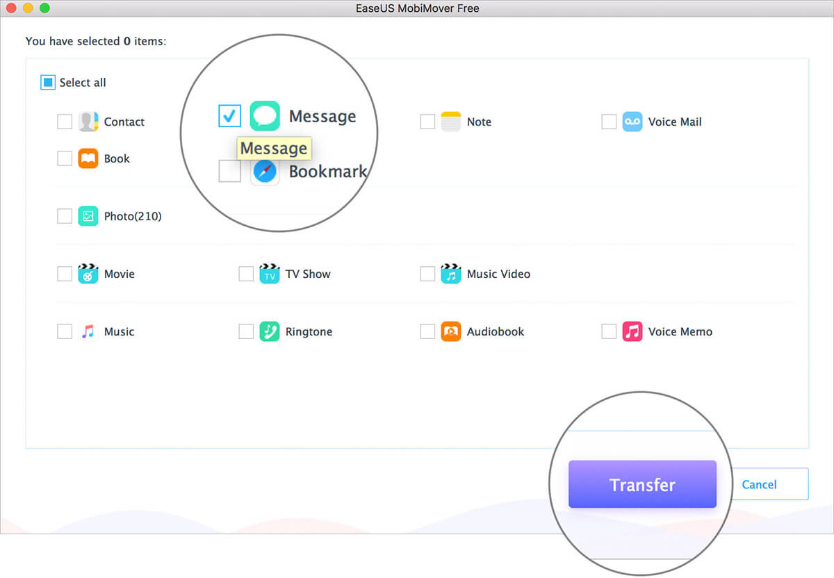 Tick the box for Messages and then click on Transfer to save iPhone text messages on Mac