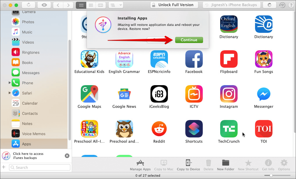 Click Continue to restore apps data and reboot your device in iMazing