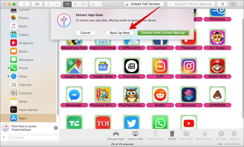 Click on Back Up Now to extract iPhone or iPad app data on Mac