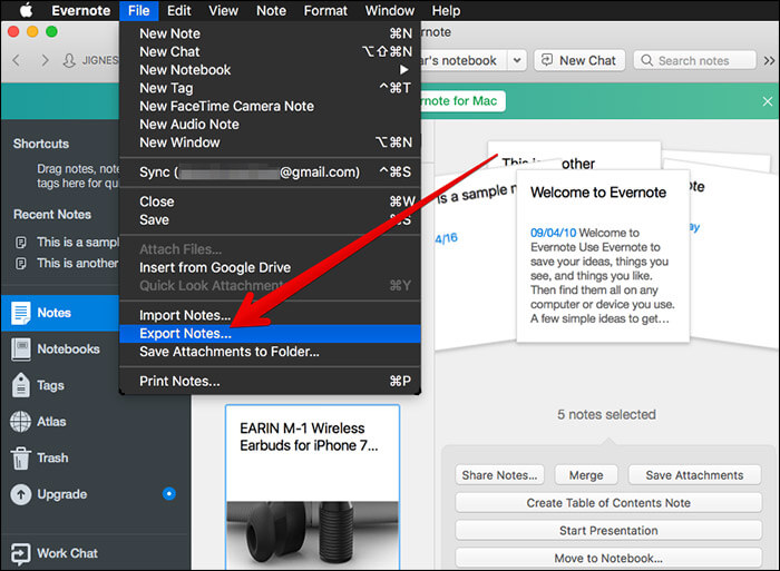 Click on Export Notes in Evernote on Mac