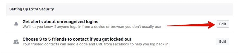 Click on Get alerts about unrecognized logins in Facebook on Computer