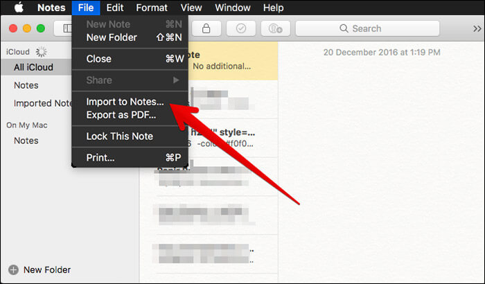 Click on Import to Notes in Notes App on Mac