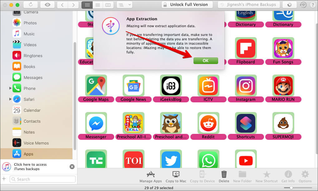 Click on OK to extract the iPhone app data on Mac