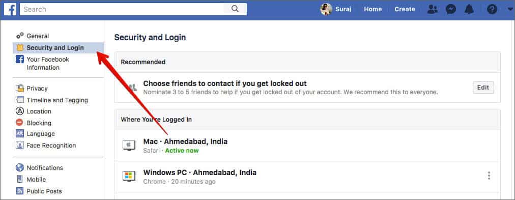 Click on Security and Login in Facebook Account Settings on Computer