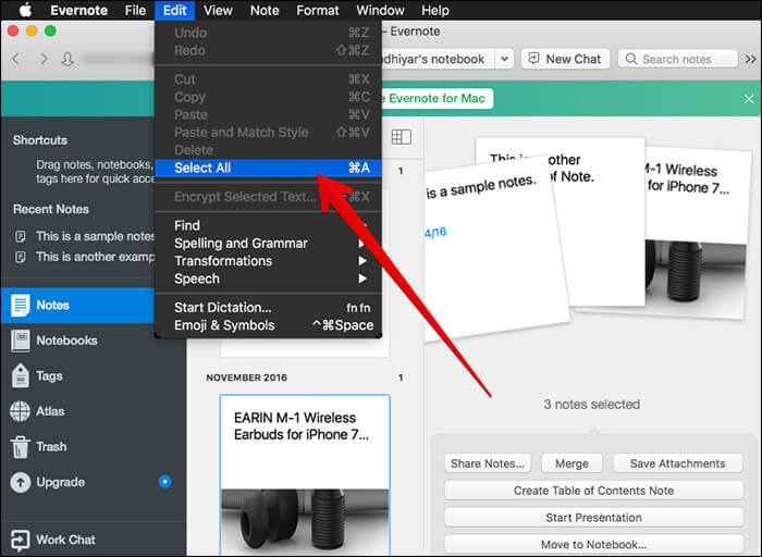 Click on Select All in Evernote on Mac