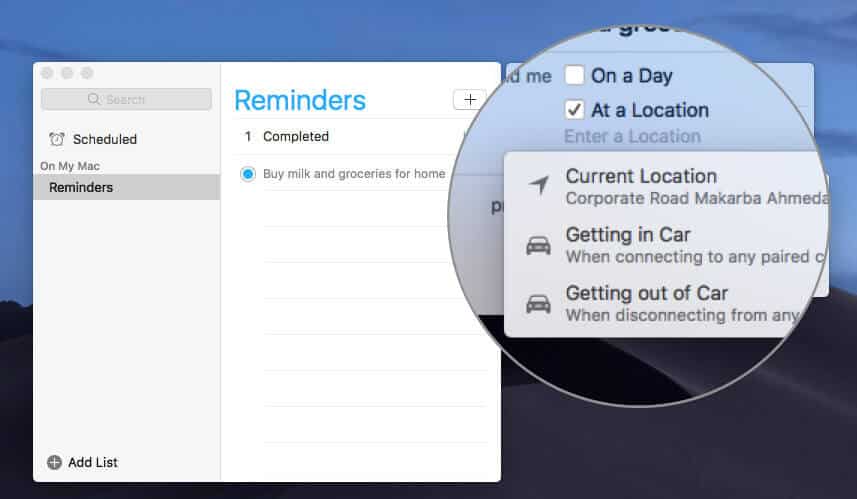 Create Reminders on Mac that Alert you When Getting in or Out of your Car
