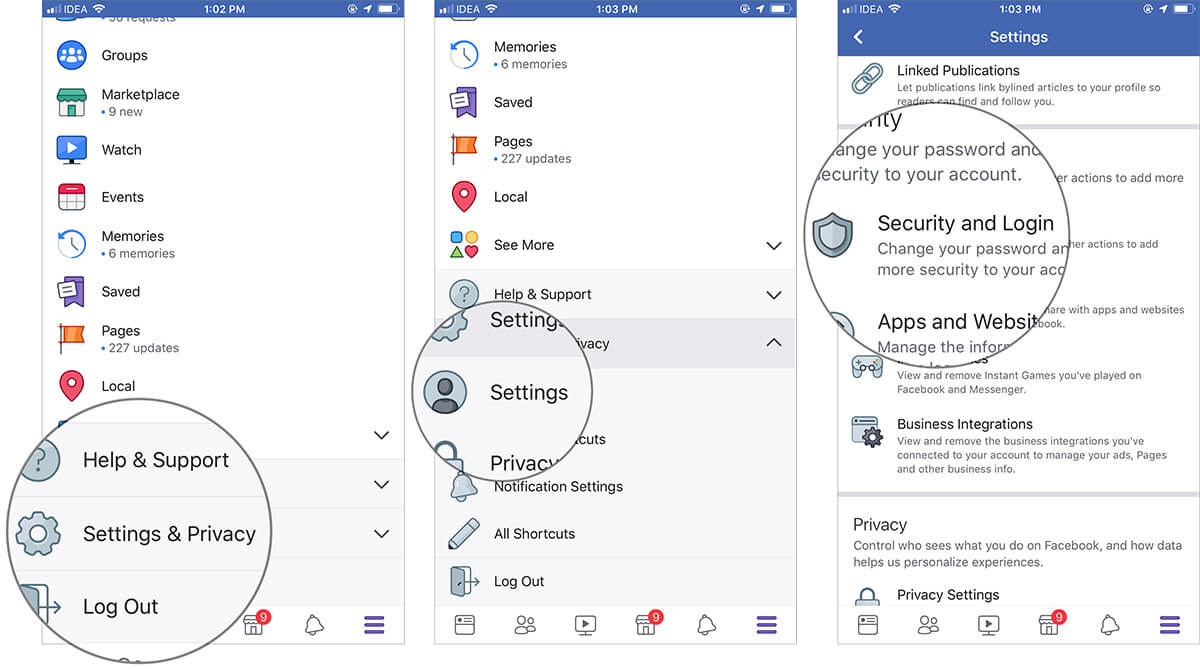 Go to your Security and Login Settings on Facebook App on iPhone