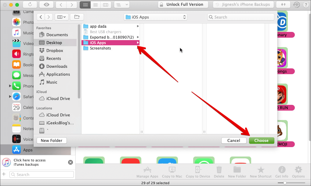 Select the destination to save iPhone app data and click on Choose on Mac
