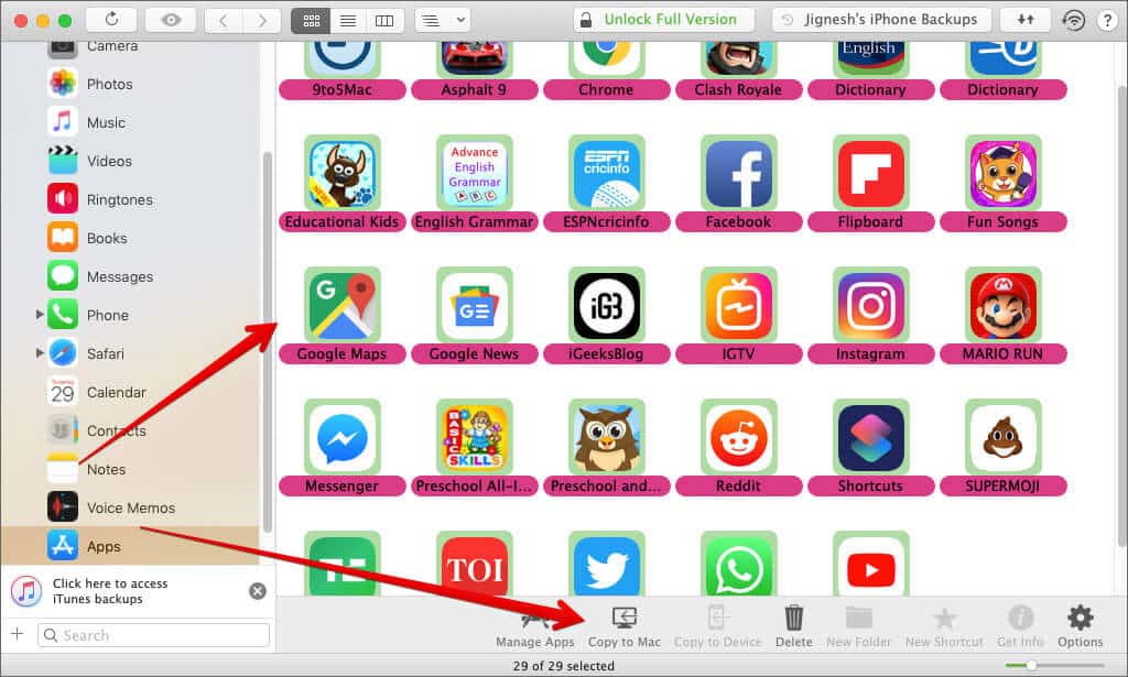 Select the iPhone or iPad Apps and then Click Copy to Mac in iMazing