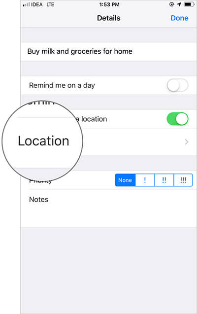 Tap on Location in Reminders app on iPhone