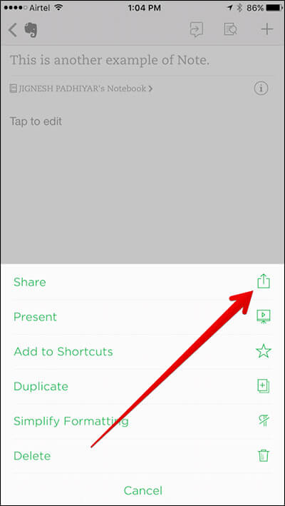 Tap on Share in Evernote on iPhone