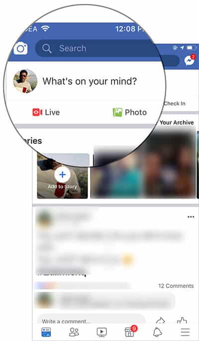 Tap on What's on your mind in Facebook on iPhone