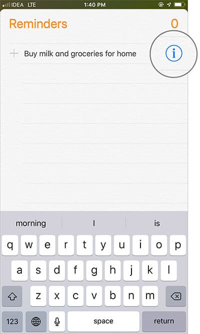 Tap on i button next to reminders on iPhone