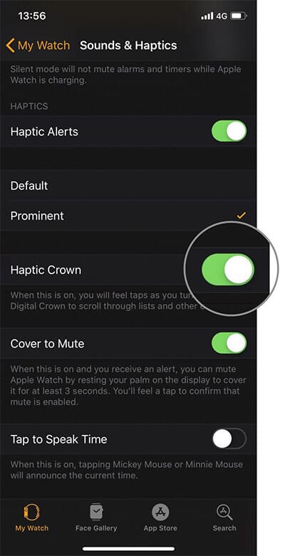 Turn off Switch next to Haptic Crown to disbale Digital Crown Haptic Feedback on Apple Watch Series 4