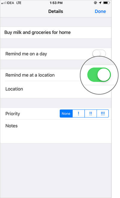 Turn on Remind me at a location toggle in Reminders app on iPhone