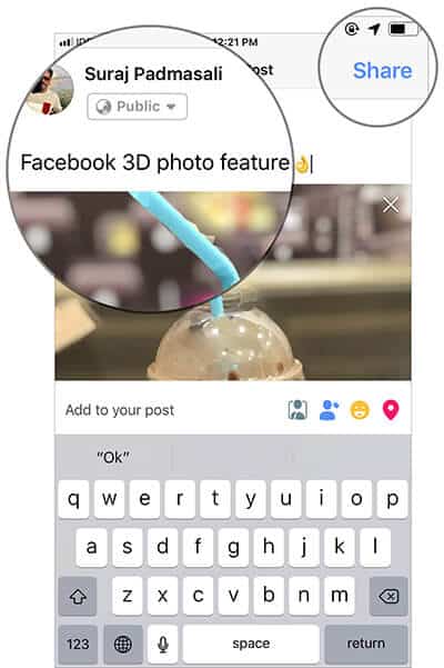Write something about photo and then tap on Share in Facebook on iPhone
