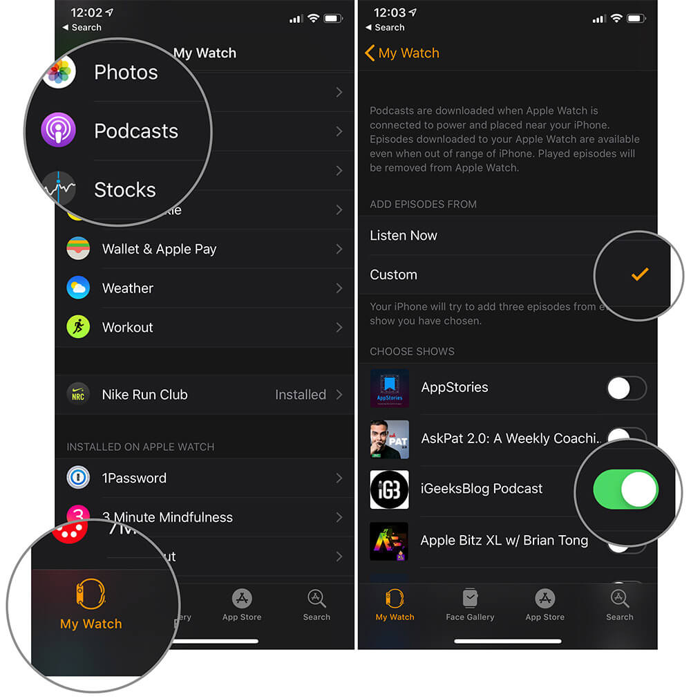 store podcasts on apple watch