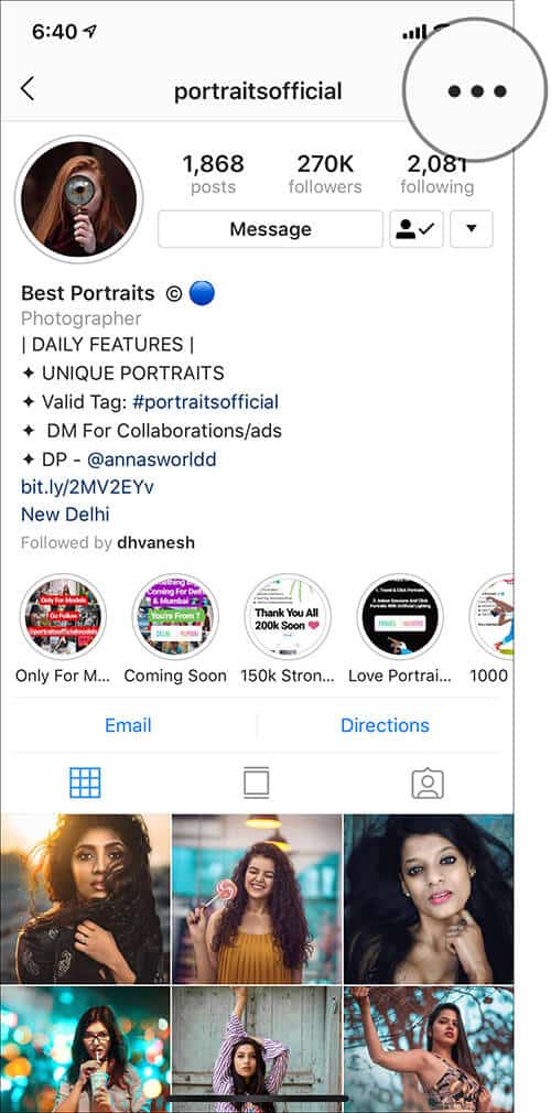 Tap on Three Dots Next to Instagram Profile on iPhone