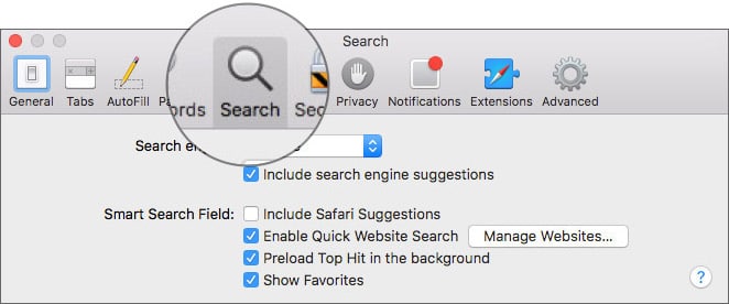 Click Search tab in Safari Preferences Settings on Mac