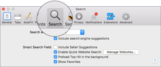 safari search feature Click Search tab in Safari Preferences Settings on Mac