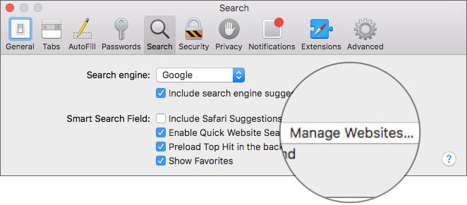 Click on Manage Websites in Safari Preferences Settings on Mac