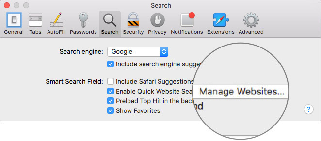 safari search feature Click on Manage Websites in Safari Preferences Settings on Mac