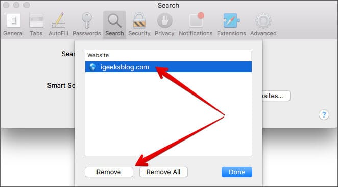 Remove Website Shortcut in Safari on Mac