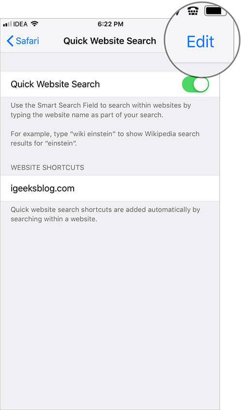 Tap on Edit in Quick Website Search in Safari Settings on iPhone