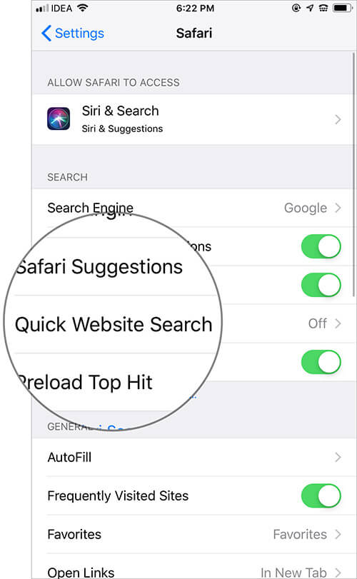 safari search feature Tap on Quick Website Search in Safari Settings on iPhone